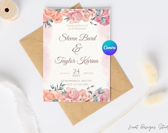 May include: Wedding invitation with pink and white floral design. The invitation reads "Please join us at our wedding, Steven Bard & Taylor Karina, Saturday, May 24, 8:00 AM, 123 Anywhere St., Any City, RSVP: 123-456-7890".