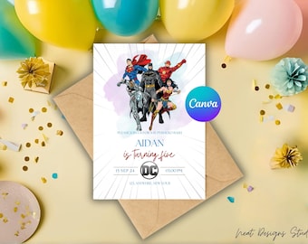 Bewerkbare superheldverjaardagsuitnodiging | Uitnodiging verjaardagsfeestje voor kinderen | Canva-sjabloon voor directe digitale download