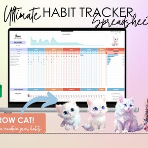 Może przedstawiać: Ekran laptopa wyświetlający kolorowy arkusz kalkulacyjny z tekstem "Ultimate Habit Tracker Spreadsheet". Arkusz kalkulacyjny zawiera wykres, kalendarz i listę nawyków. Pod laptopem znajduje się różowy baner z tekstem "GROW CAT! As you maintain your habits". Na obrazku znajdują się cztery kreskówkowe koty.