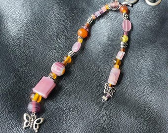 Boho Beaded Bag Charm with Butterfly – Purple & Amber Purse Charm – Handmade Beaded Keychain, Zipper Charm – Earthy Nature Bag Accessory