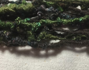 Brown--Handspun Wool Roving Art Yarn in Dark Brown with Green Teal Purple BFL Wool Locks by KnoxFarmFiber for Knit Weave Embellishment