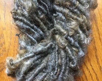 Natural--Handspun Wensleydale Wool Art Yarn in Gray with Brown Curls by KnoxFarmFiber for Weave Knit Embellishment