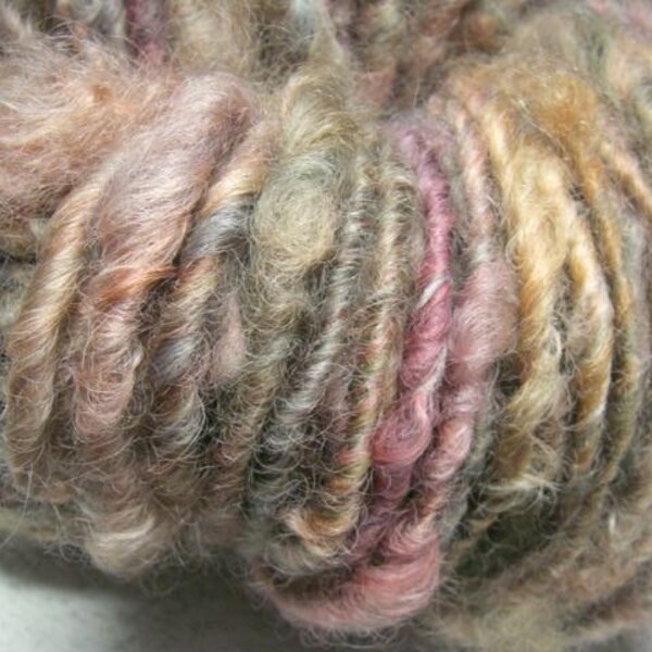 RESERVED for CK--Handspun Curly Bulky Border Leicester Wool Yarn in Smoky Shades of Gold, Rose, Blue by KnoxFarmFiber for Knitting Crochet