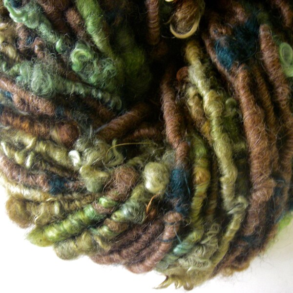 Handspun Corespun Art Yarn of Hand Dyed Wool Locks in Woodland Greens and Deep Brown by KnoxFarmFiber for Knitting Weaving Embellishment