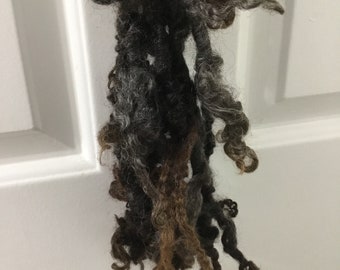 Natural--Handspun Tailspun Wensleydale Wool Art Yarn in Long Dark Brown and Gray Curls by KnoxFarmFiber for Weave Knit Embellishment