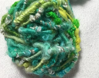 Aquamarine--Handspun Curly Wool Art Yarn in Aquamarine Lemon Lime with Mohair Locks by KnoxFarmFiber for Knit Weave Embellishment