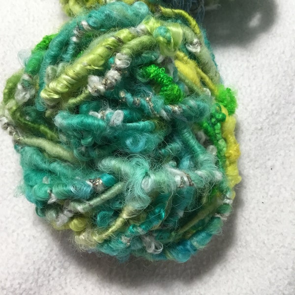 Aquamarine--Handspun Curly Wool Art Yarn in Aquamarine Lemon Lime with Mohair Locks by KnoxFarmFiber for Knit Weave Embellishment