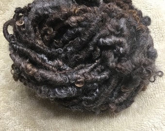 Natural--Handspun Curly BFL Wool Art Yarn in Gray with Brown by KnoxFarmFiber for Knit Weave Embellishment