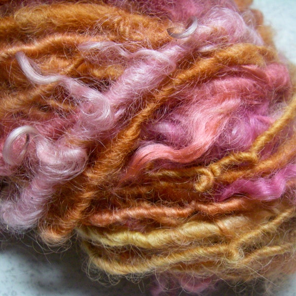 Handspun Curly Wool Art Yarn in Hot Summer Colors of Tangerine Orange and Raspberry Pink by KnoxFarmFiber for Knit Weave Embellishment