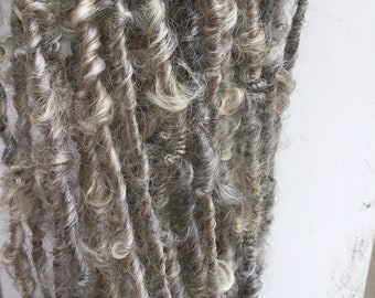 Natural--Handspun Corespun Undyed Lincoln Longwool Art Yarn in Gray and Cream by KnoxFarmFiber for Knit Weave Embellishment