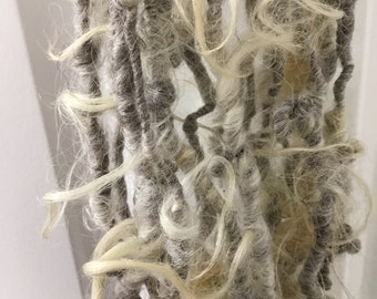 Natural--Handspun Art Yarn from Undyed Navajo Churro Wool in Gray Taupe with Creamy White Locks by KnoxFarmFiber for Weaving Embellishment