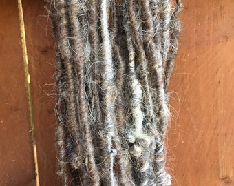 Natural--Handspun Art Yarn from Undyed Navajo Churro Wool in Brown Gray White with Locks by KnoxFarmFiber for Weaving Embellishment