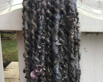 Gray--Handspun Super BulkyMohair Art Yarn in Gray with Dyed Blue/Purple and Locks by KnoxFarmFiber for Knit Weave Embellishment