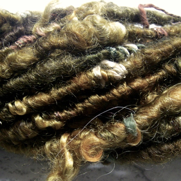 Handspun Corespun Bulky Wool Art Yarn of BFL Brown Bronze Copper and Gold Curls with Sparkle by KnoxFarmFiber for Knit Weave Embellishment