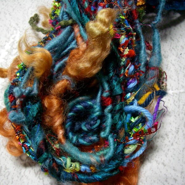 Handspun Corespun Worsted Weight Embellishment Party Art Yarn in Turquoise and Copper with Sparkle and Sari Silk Ribbon by KnoxFarmFiber