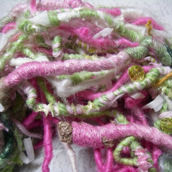 Handspun Corespun Embellishment Worsted Party Art Yarn in Pink and Green with Sparkle, Mohair Locks, Ribbon, and Beads by KnoxFarmFiber