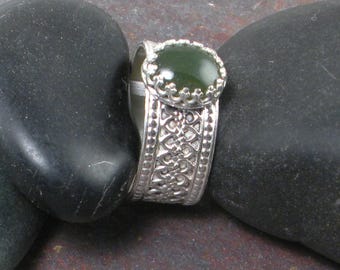 Green Jade Silver Ring, Lacy Sterling Setting, Oval Gemstone, Size 9 ring, Wide Band Artisan Stone Ring for Her