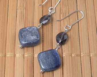 Blauer Kyanit Silber Ohrring, Iolith Edelstein, Lange Tropfen, Sterling Silber, Denim Blau Schimmer Stein