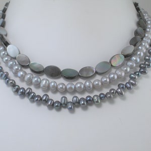 Black Gray Pearl Multi Strand 3 Tiered Necklace Pearl Multistrand Statement Shimmery Shell Handmade Gift for Her Party Occasion Necklace