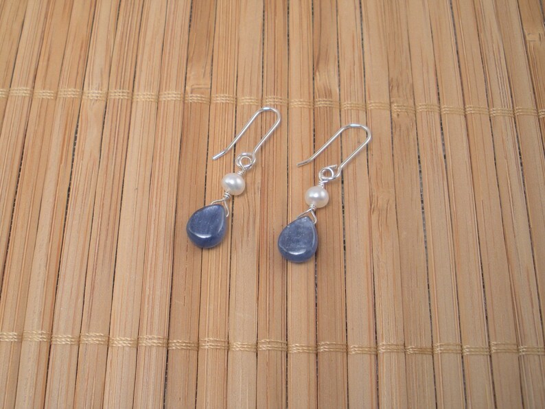 Blue Kyanite Brio Tiny Drop Earring Tiny Pearl Dangle Drop Earring Denim Blue Drop Shimmery Blue Gemstone Brio Sterling Silver Drop Simple
