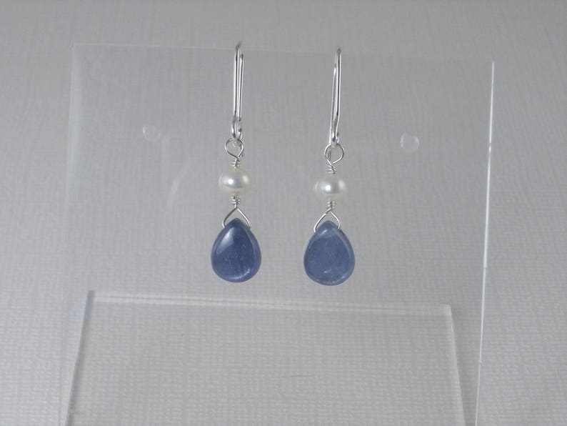 Blue Kyanite Brio Tiny Drop Earring Tiny Pearl Dangle Drop Earring Denim Blue Drop Shimmery Blue Gemstone Brio Sterling Silver Drop Simple