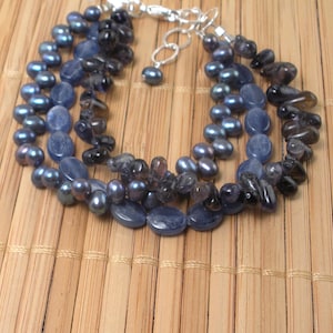 Blue Pearl Multi Strand Bracelet Denim Blue Kyanite Iolite Stone 3 Strand Bracelet Multi Blue Stone Silver Rare Find Gift Holiday Party