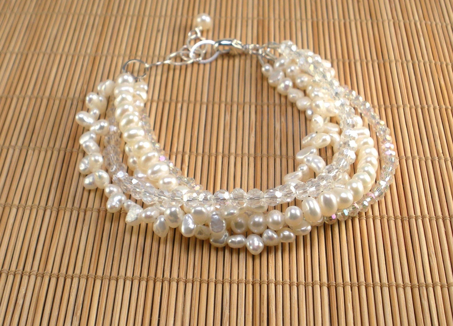 White Pearl & Crystal Multi Strand Bracelet, 5 Strand Bracelet, Sparkly Bead, Wedding, Freshwater Pearl Occasion Gift