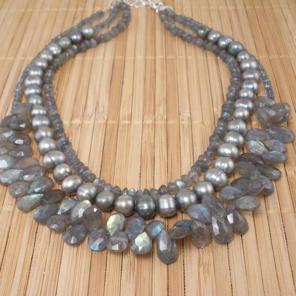 Labradorite Multistrand Gray Pearl Tiered Necklace Gray Green Blue Sterling Necklace Gray Gemstone Brio Multistrand Statement Shimmery Gray