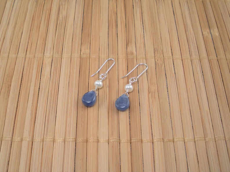 Blue Kyanite Brio Tiny Drop Earring Tiny Pearl Dangle Drop Earring Denim Blue Drop Shimmery Blue Gemstone Brio Sterling Silver Drop Simple