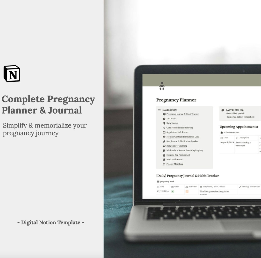 Notion Digital Pregnancy Planner & Journal Detailed Tracker