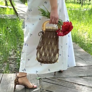 Mesh bag, macrame bag brown, wooden handle bag, net bag, summer handbag, gift for mom and wife