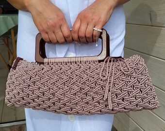 Handmade Macrame Evening Bag: Knitted Tote with Wooden Handles, her summer outfit