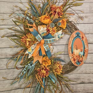 Fall Wreath for Front Door, Orange and Teal Fall, Fall Decor, Fall Front Porch Decor