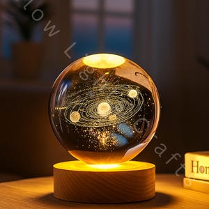 Crystal Ball 3D Inner Carving Lamp – Solar System LED Light with Wooden Base, Personalized Galaxy Globe, Astronomy Gift for Space Lovers