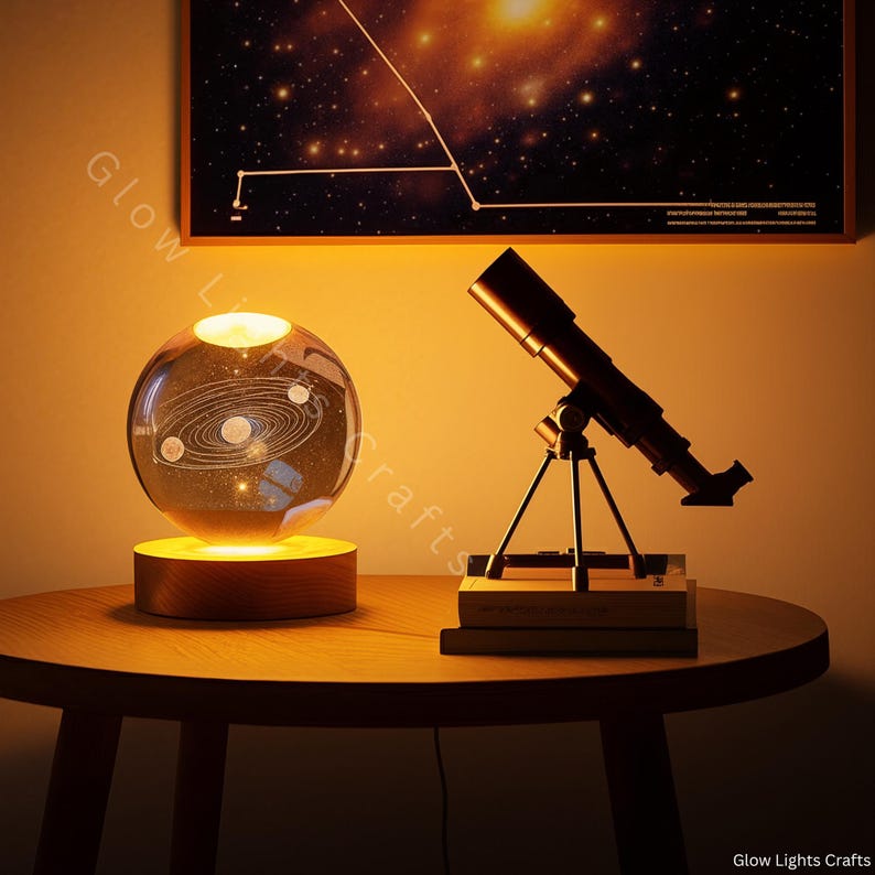Crystal Ball 3D Inner Carving Lamp – Solar System LED Light With Wooden ...