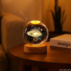 Galaxy Crystal Ball Lamp with Wooden Base – 3D Milky Way Engraved Orb, Custom Night Light for Bedroom, Living Room or Birthday Gift