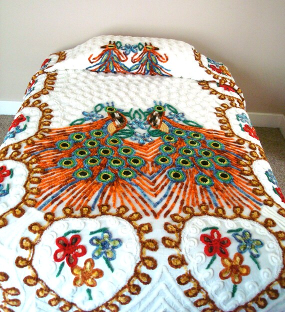 Items similar to Chenille Bedspread / Double Peacock / Vintage Shabby