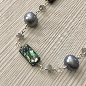 Gray Pearl, Labradorite and Abalone Bracelet, Dove Gray, Rainbow Abalone, Pastel Jewelry, Gray and Silver, Free Shippping image 1