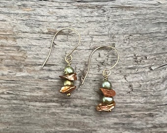 Olive and Copper Freshwater Pearl Earrings, Small Earrings, Dangle Earrings, Boho Chic Style, Green and Orange