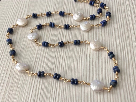 LAPIS and PEARL Necklace Navy Gold and White 18 inch | Etsy