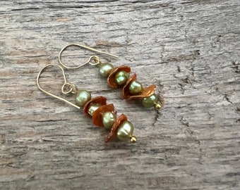 Olive and Copper Freshwater Pearl Earrings, Small Earrings, Dangle Earrings, Boho Chic Style, Green and Orange