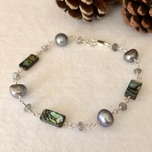 Gray Pearl, Labradorite and Abalone Bracelet, Dove Gray, Rainbow Abalone, Pastel Jewelry, Gray and Silver, Free Shippping image 6