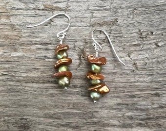 Olive and Copper Freshwater Pearl Earrings, Small Earrings, Dangle Earrings, Boho Chic Style, Green and Orange