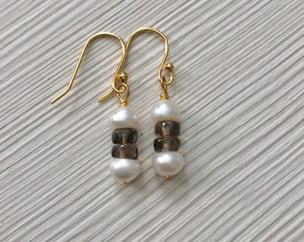 SMOKEY TOPAZ & White PEARL Smore Earrings in Gold, Lightweight and Small Dangle Earrings, Brown White and Gold,