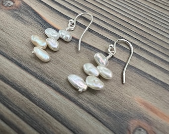 White Keshi Pearl on Sterling Silver Earrings, Natural Freshwater, Corn Flake Pearl, Unique OOA Earrings, Boho Chic Earrings Handmade