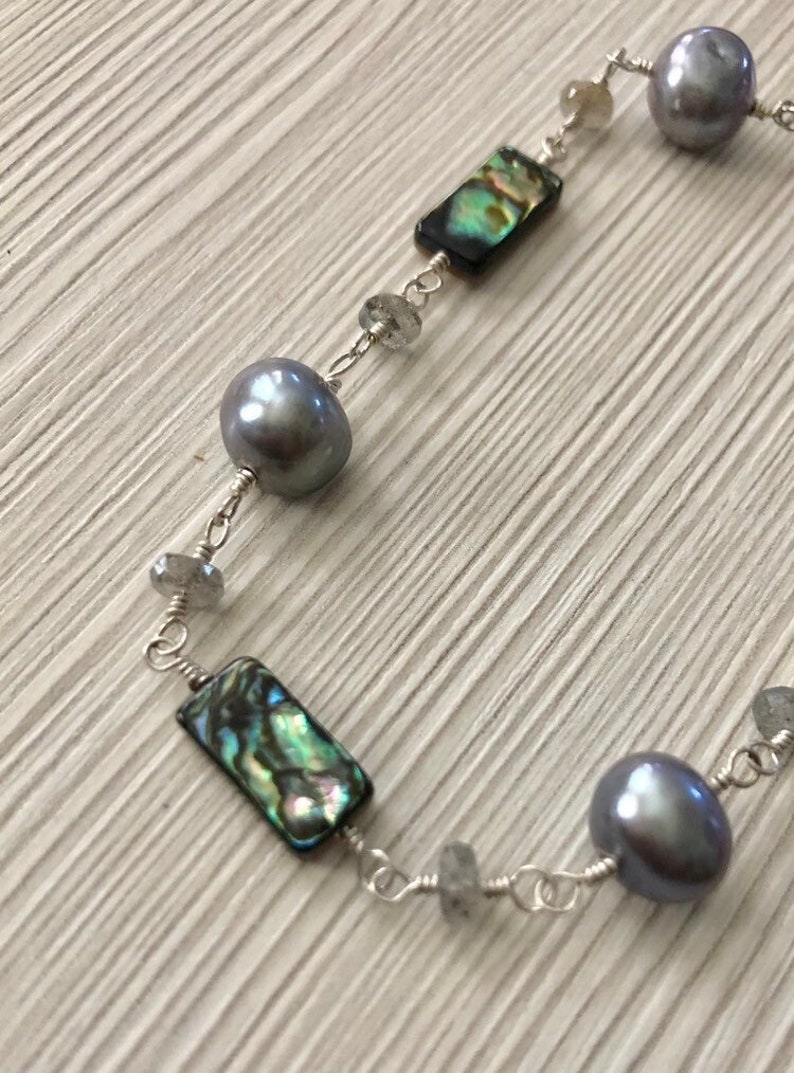 Gray Pearl, Labradorite and Abalone Bracelet, Dove Gray, Rainbow Abalone, Pastel Jewelry, Gray and Silver, Free Shippping image 1