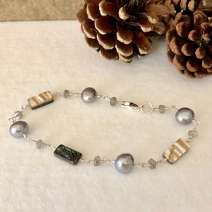 Gray Pearl, Labradorite and Abalone Bracelet, Dove Gray, Rainbow Abalone, Pastel Jewelry, Gray and Silver, Free Shippping image 7