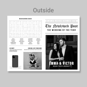 May include: A black and white wedding-themed newspaper print with the headline "The Newlywed Post." The print includes a wedding word search, a photo of a couple, and a photo of a dog in a tuxedo. The text reads "Emma & Victor Begin Their Journey."