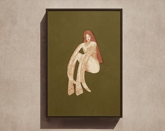 Seated Yin Figure Print | Forest Green Earthy Wall Art | Yoga Room Decor | A4 A3 Giclée