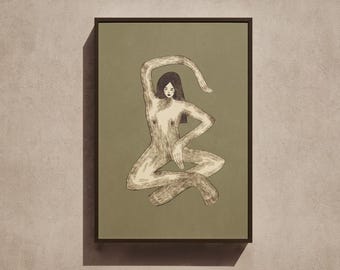 Seated Yin Figure Print | Forest Green Earthy Wall Art | Yoga Room Decor | A4 A3 Giclée
